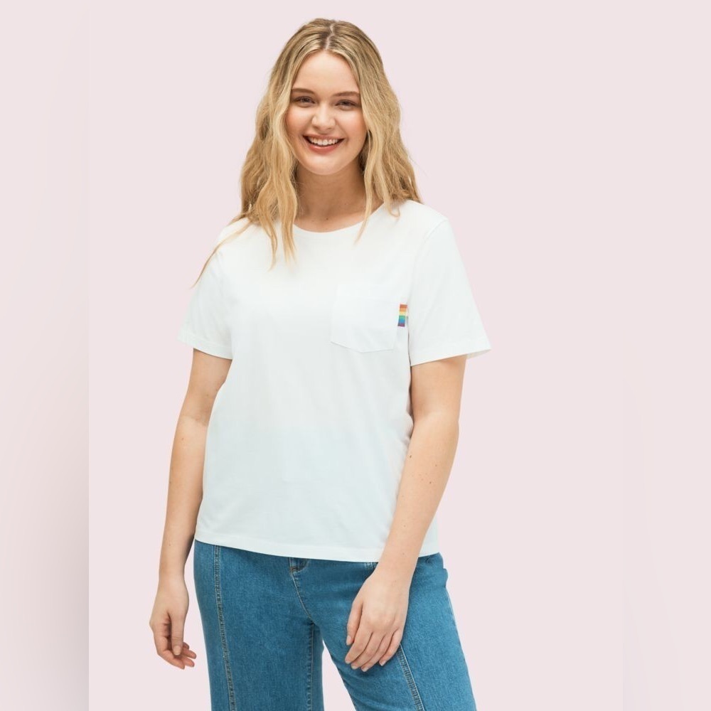 Kate Spade Rainbow Glitter Logo Tee in White Size XXS New! - Picture 11 of 12